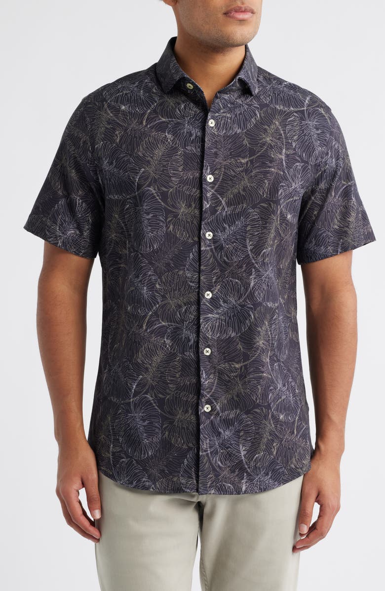 Stone Rose Jungle Monstera Palm Leaf Print Short Sleeve Stretch Cotton Blend Button-Up Shirt, Main, color, 