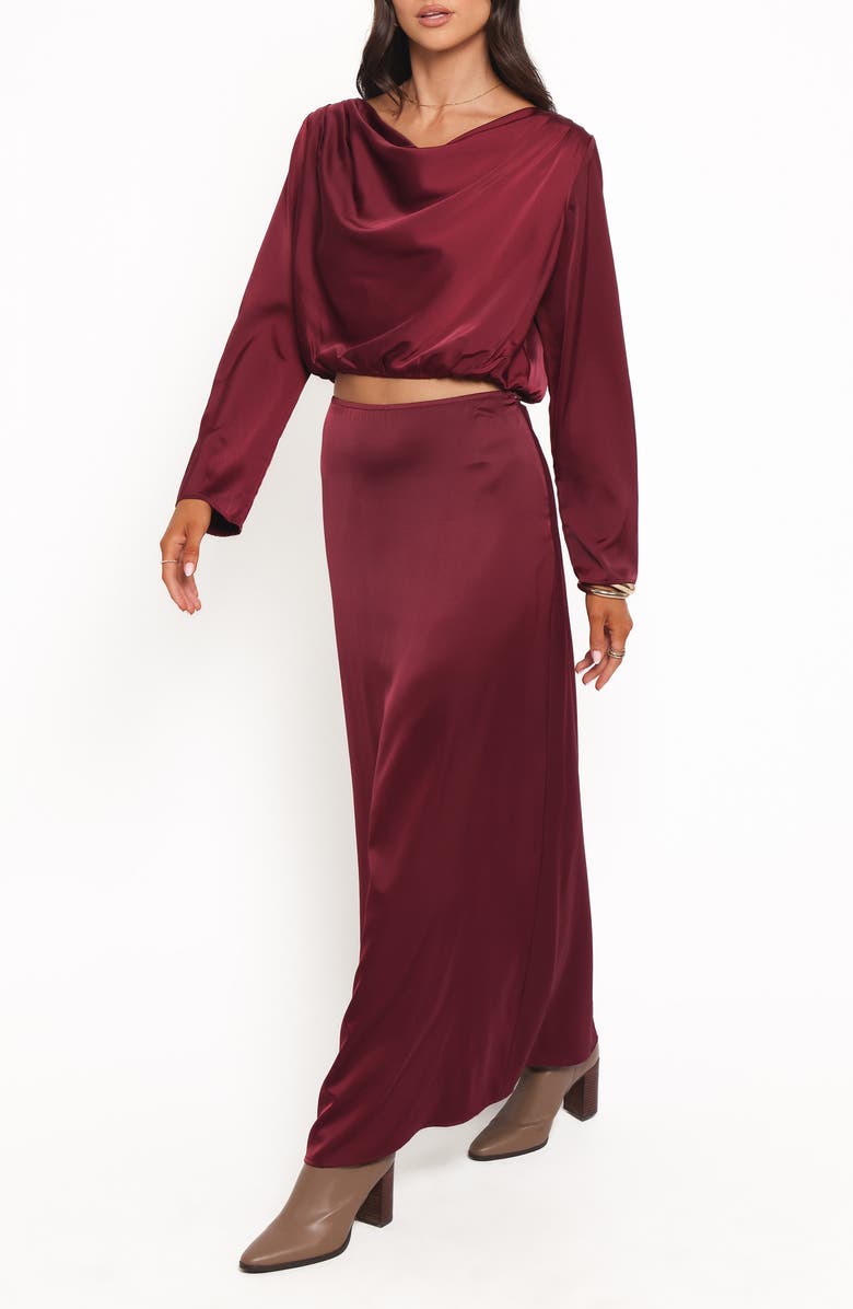 Petal & Pup Catherine Satin Crop Top & Maxi Skirt Set, Alternate, color, Burgundy