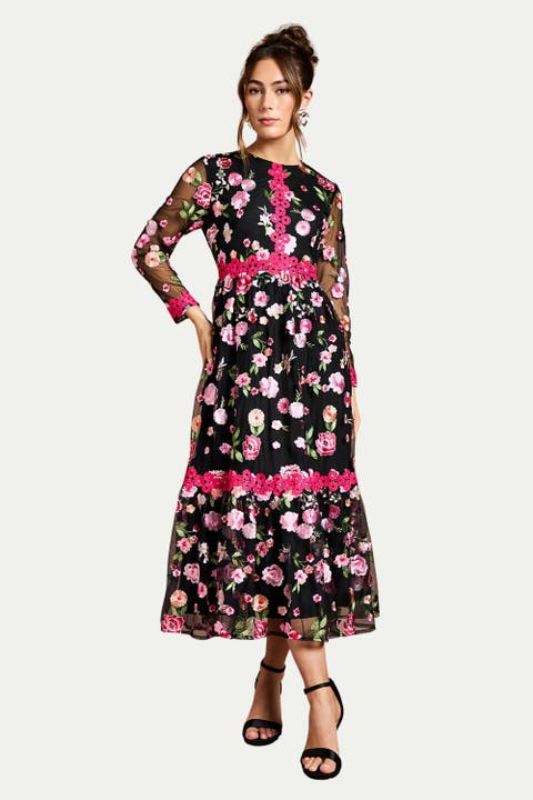 Embroidered Floral Midi Dress