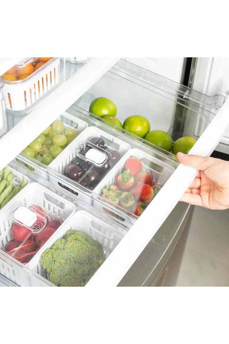 Clear Stackable Fridge Organizer Bin with Drain Basket and Vented Lid, 4 Pack, Alternate, color, Clear with White Drainer