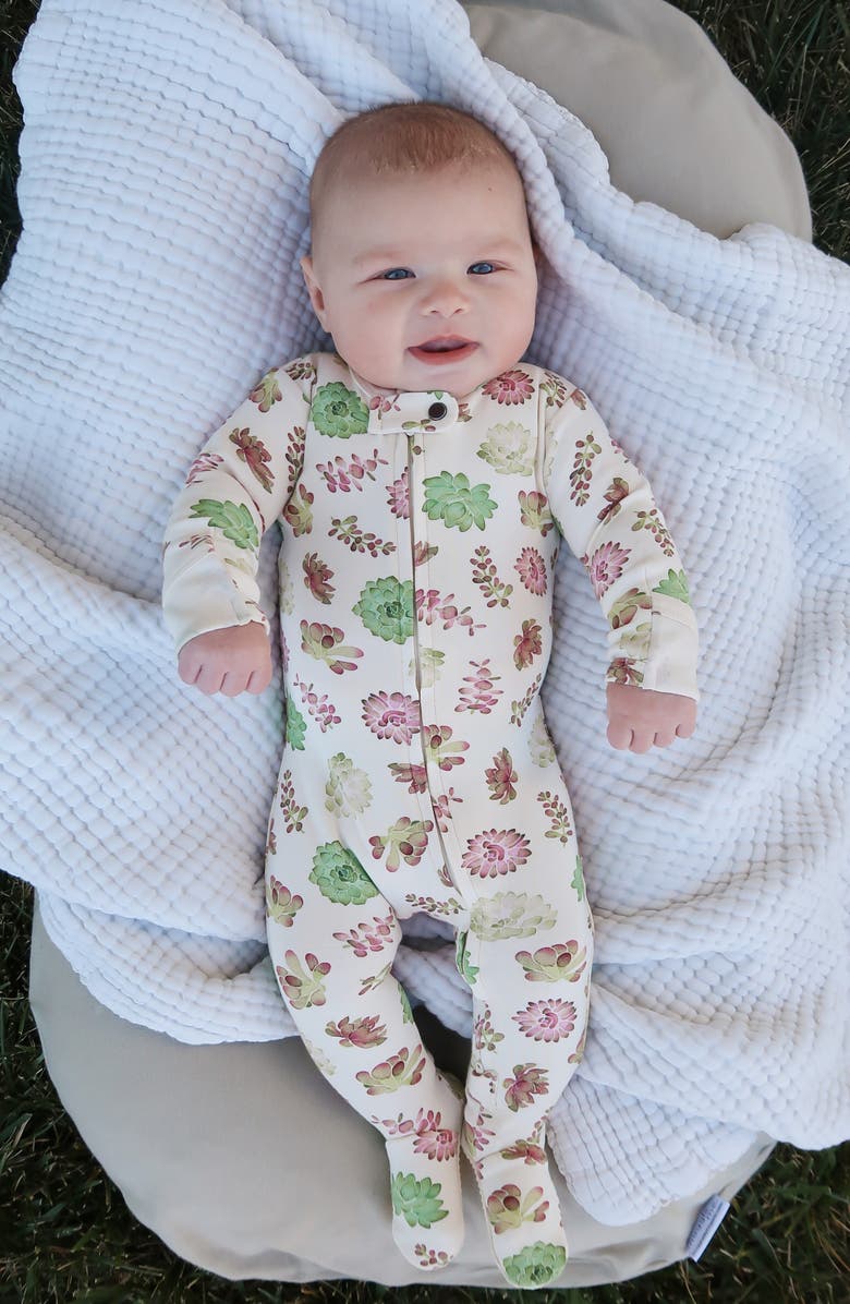 L'ovedbaby Print Organic Cotton Two-Way Zip Footie, Alternate, color, Buttercream Succulents