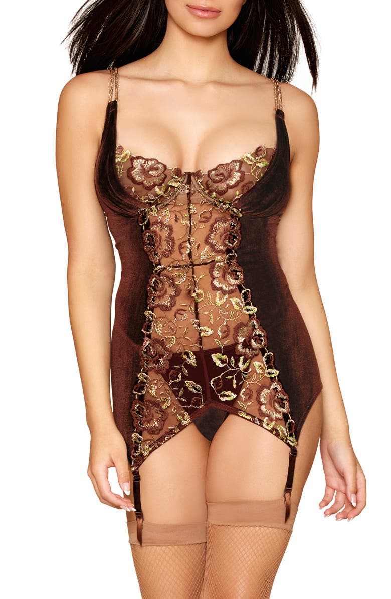 Dreamgirl Floral Embroidered Underwire Basque with Garter Straps & G-String Set, Main, color, 