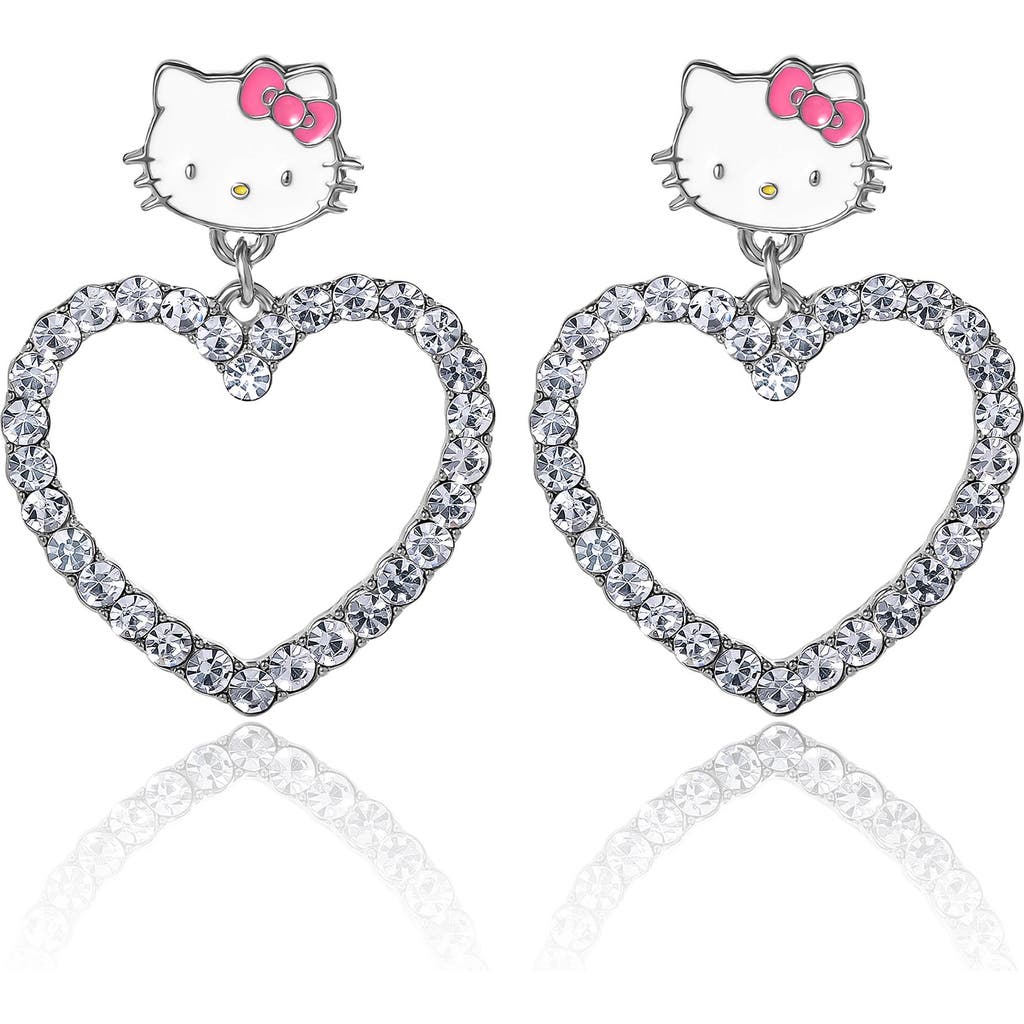 Hello Kitty Heart Dangle Drop Earrings In Silver