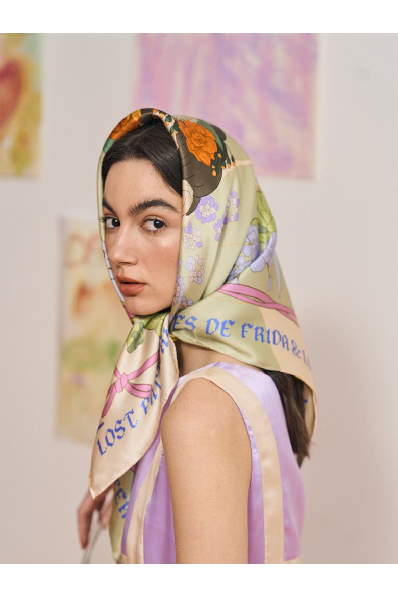 FRIDA x LOST PATTERN "Los Amores de Frida" Large Silk Scarf, Alternate, color, Pastel