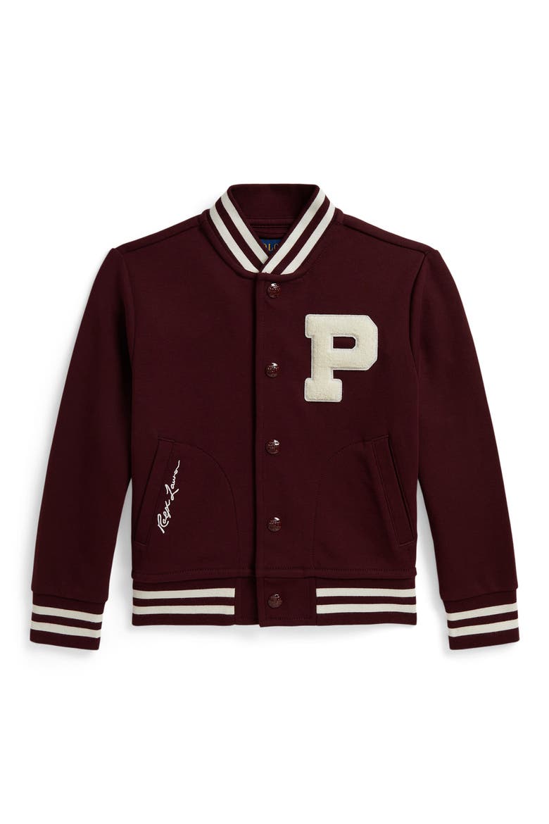 Kids' Double Knit Varsity Bomber Jacket, Main, color, RICH RUBY