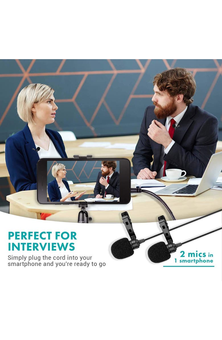 MOVO Executive Lavalier Clip-on Interview Microphone with Secondary Mic & Headphone Monitoring Input for Smartphones/Tablets, Alternate, color, Black