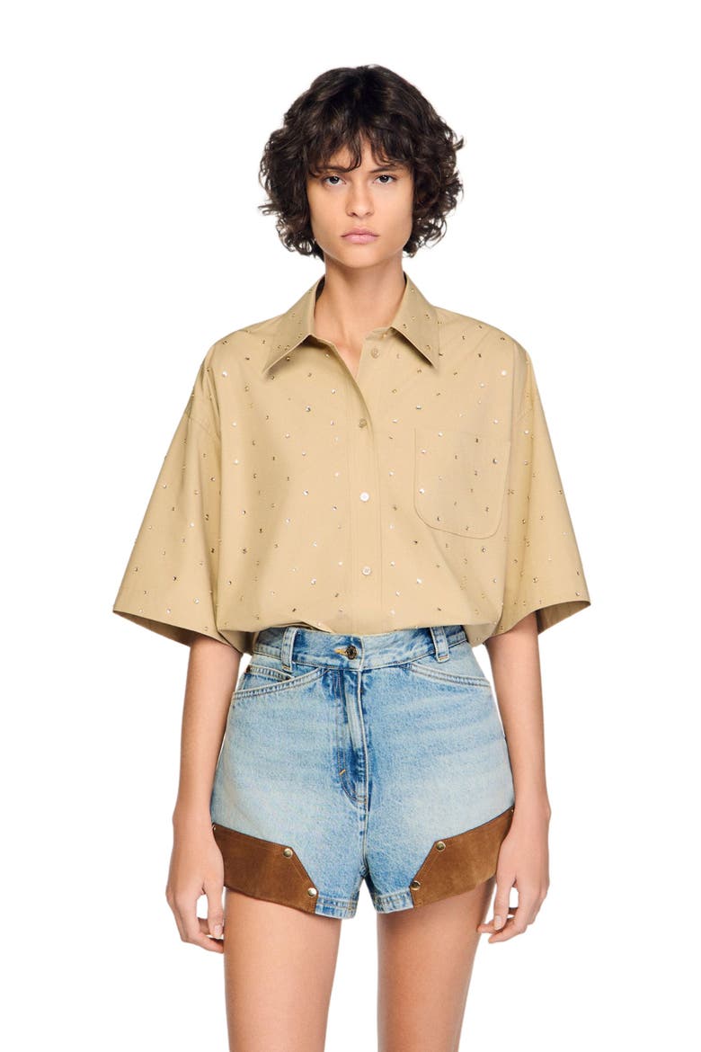 Cotton shirt with rhinestones, Main, color, Beige