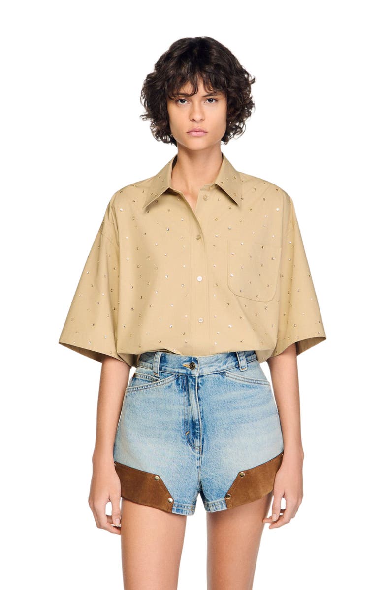 SANDRO Cotton shirt with rhinestones, Main, color, Beige