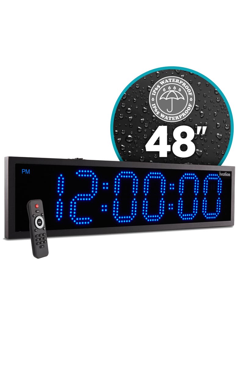 Ivation 48 Waterproof Outdoor Digital LED Clock with Auto Time Sync, Temperature & Date, Main, color, Blue