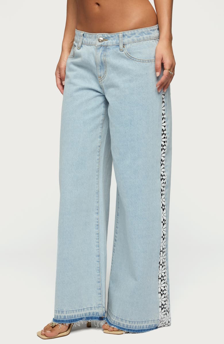 EDIKTED Open Stitch Low Rise Wide Leg Jeans, Alternate, color,