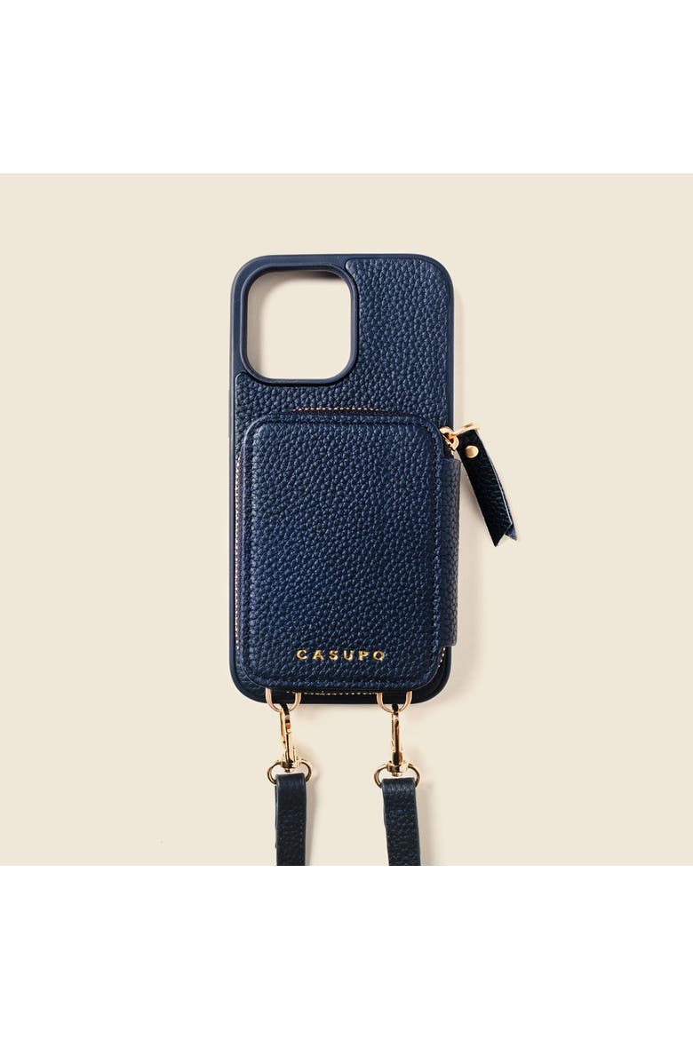 Leather iPhone Case with wallet and crossbody strap - 13 Pro, Main, color, Navy