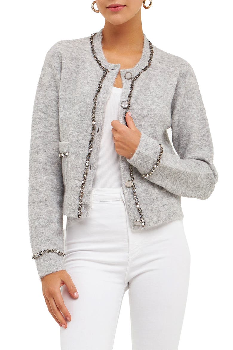 Sequin Trim Cardigan, Main, color, HEATHER GREY