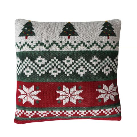 Cotton Knit Holiday Trees & Poinsettia Pillow