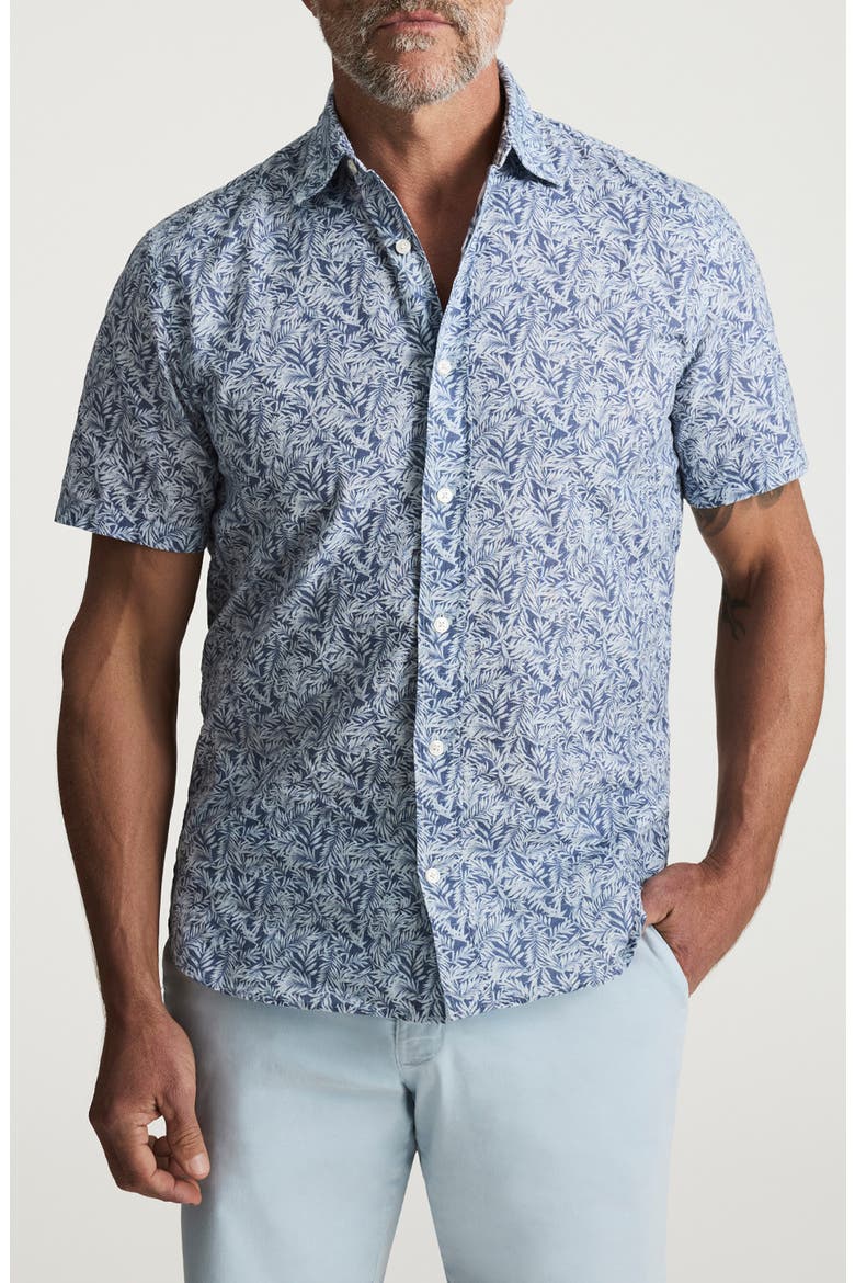 Palm Print Short Sleeve Cotton & Linen Button-Up Shirt, Main, color, INDIGO