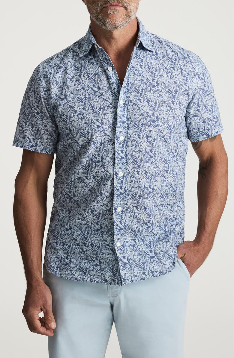 34 Heritage Palm Print Short Sleeve Cotton & Linen Button-Up Shirt, Main, color, Indigo