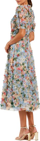 Floral Printed Mesh Ruffle High Neck Midi Dress