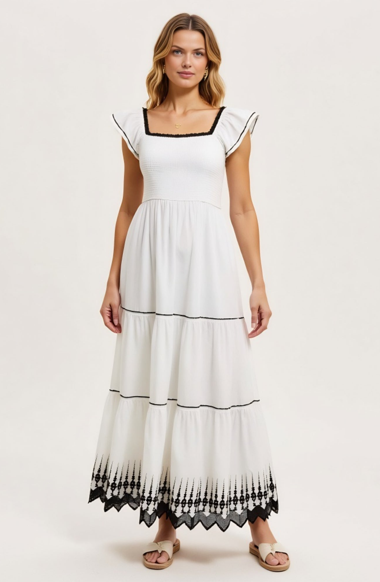 Modenaire Smocked Bodice Tiered Flutter Sleeve Embroidered Hem Maxi Dress, Alternate, color, White / Black Trim