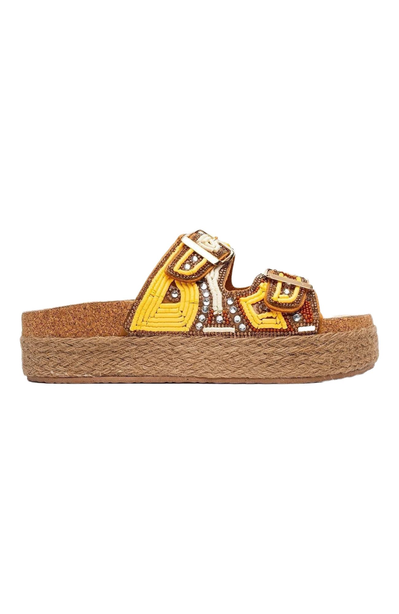 Prologue Shoes Bobby Beaded Straw Platform Slide Sandal, Alternate, color, Yellow Faux Leather