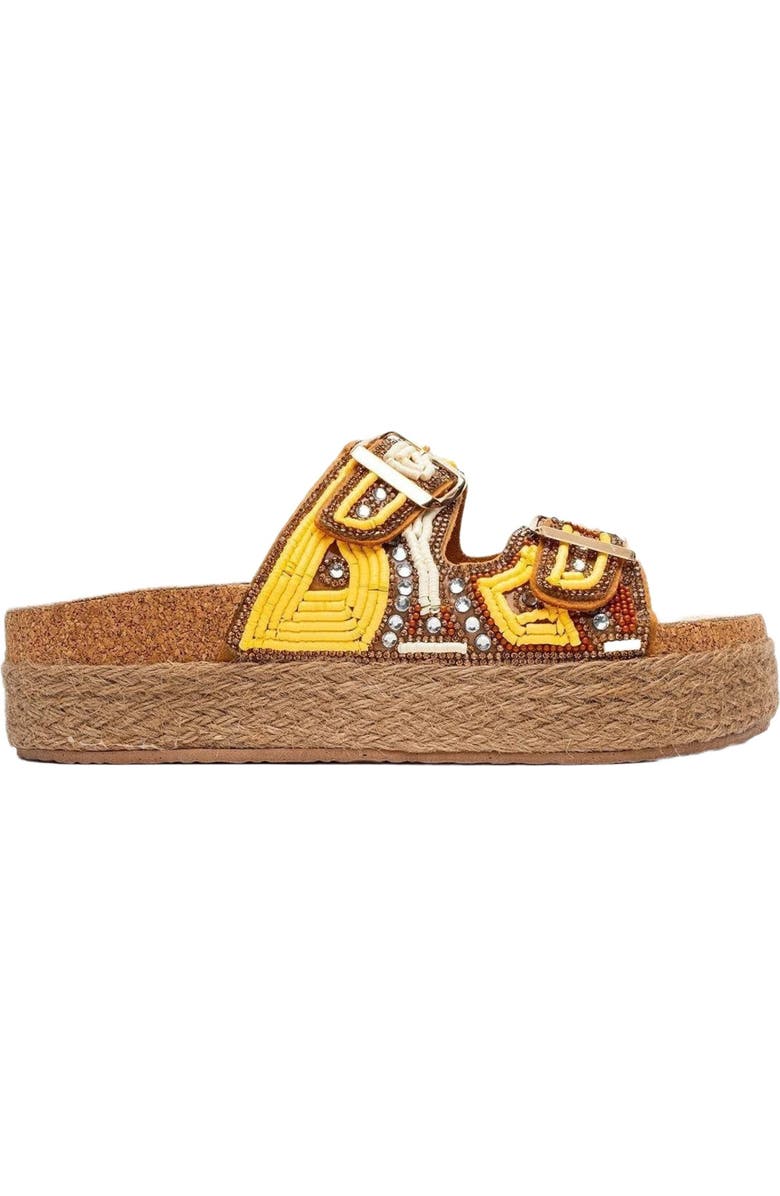 Prologue Shoes Bobby Beaded Straw Platform Slide Sandal, Alternate, color, Yellow Faux Leather