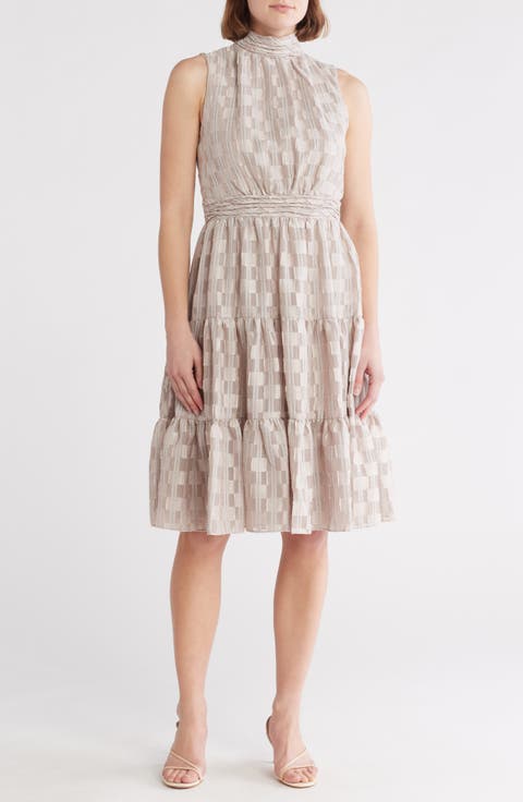 Metallic Stripe Mock Neck Sleeveless Dress