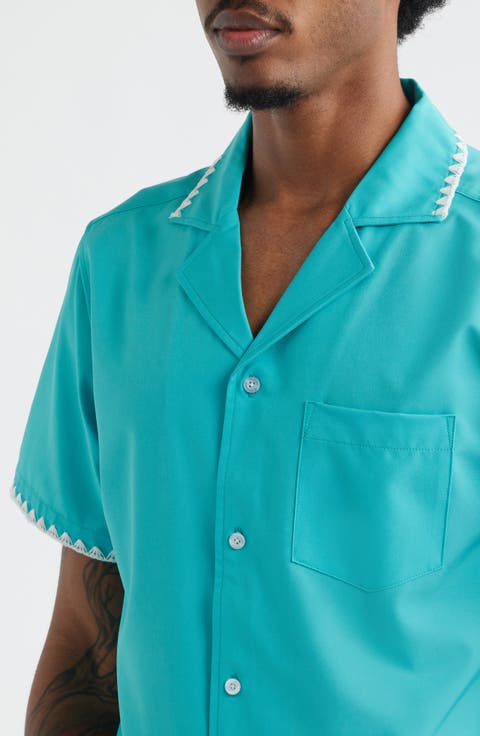 Crochet Trim Teal Camp Shirt