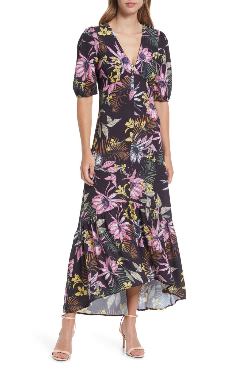 Fourteenth Place Floral Print Ruffle Hem Midi Dress, Main, color, 