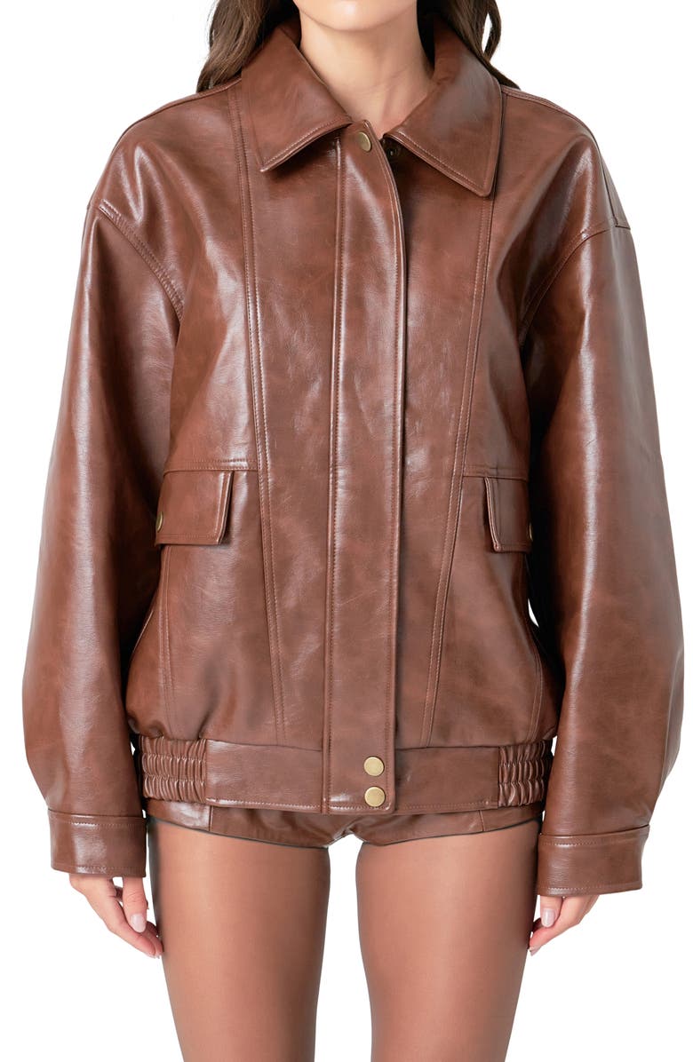 Grey Lab Oversize Faux Leather Jacket, Alternate, color, Brown
