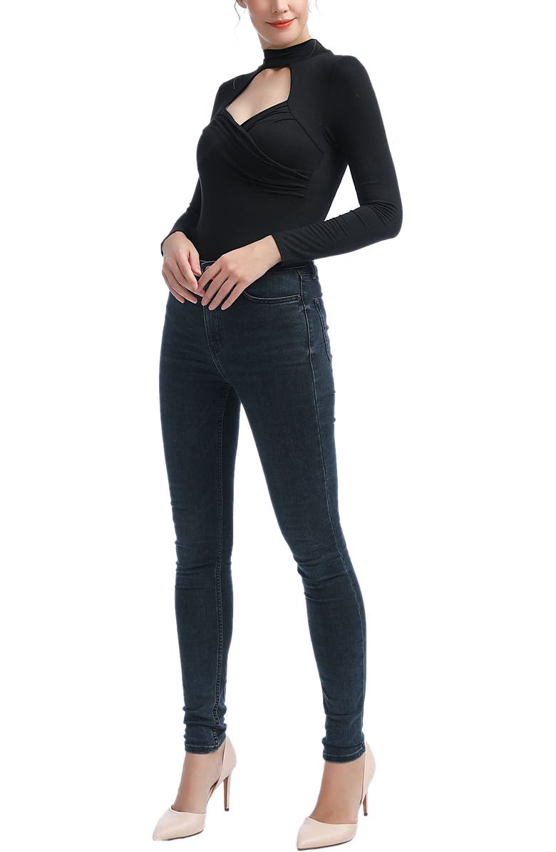 Kimi & Kai Min Faux Wrap Turtle Neck Bodysuit, Alternate, color, Black