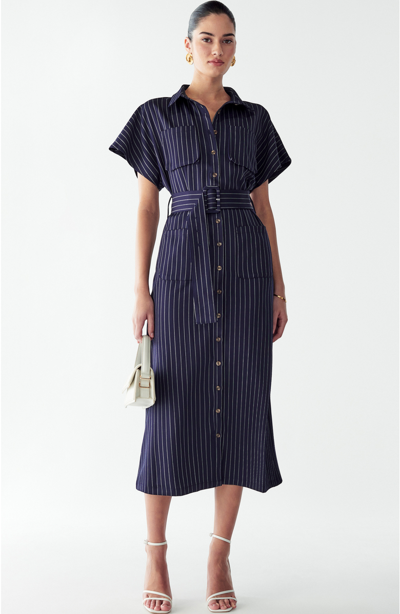 WILLA Wichita Midi Dress, Main, color, Navy Pinstripe