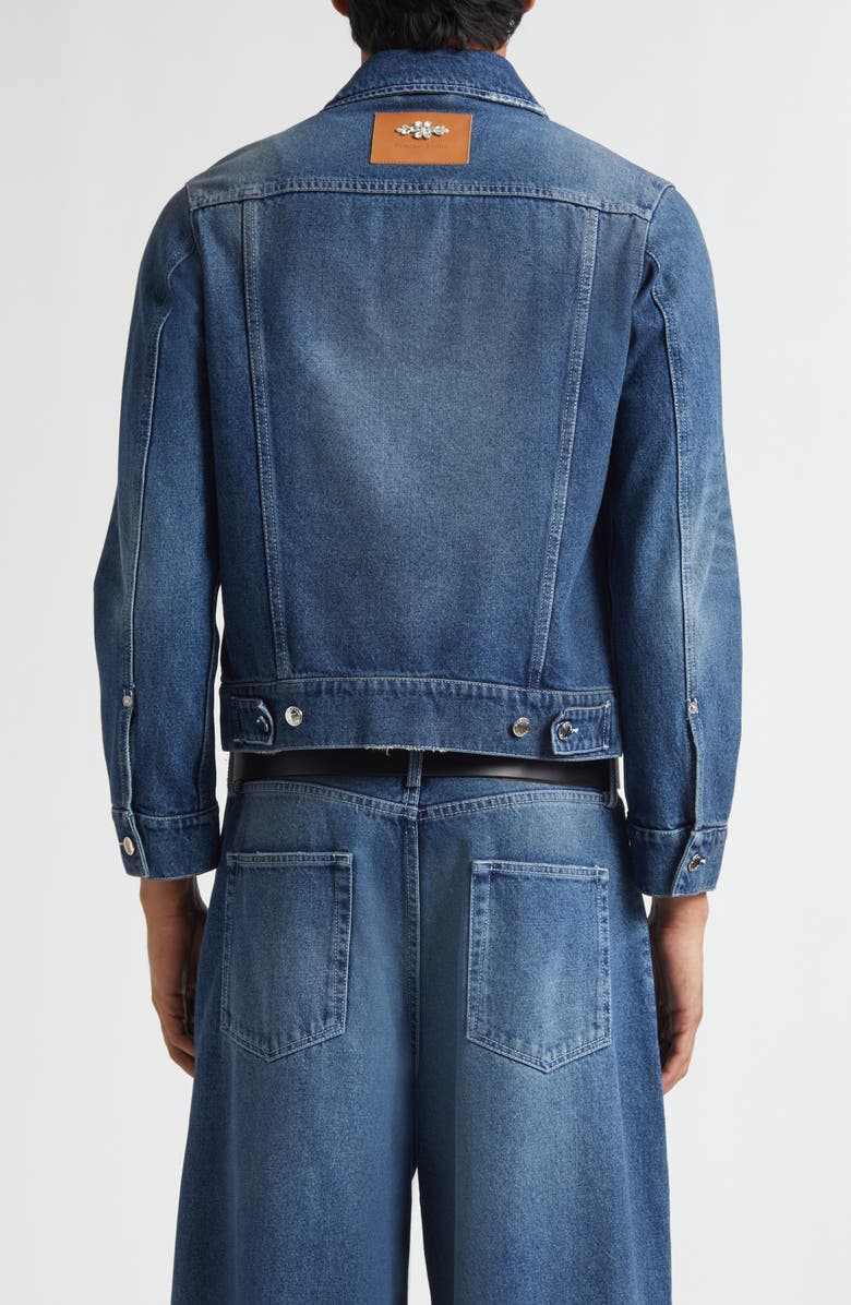 Simone Rocha Faux Pearl Trim Denim Trucker Jacket, Alternate, color, Distressed Blue/ Pearl/ Clear