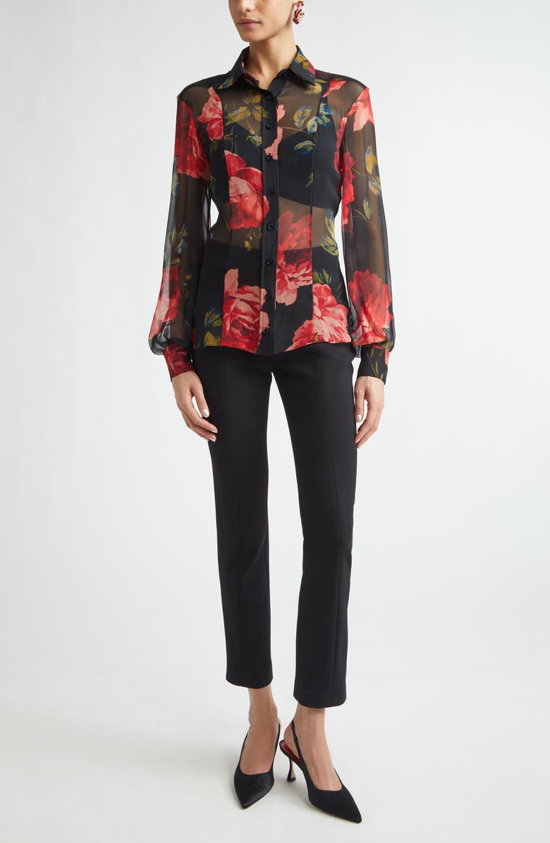 Carolina Herrera Isabella Sheer Silk Chiffon Button-Up Shirt, Alternate, color, Black Multi