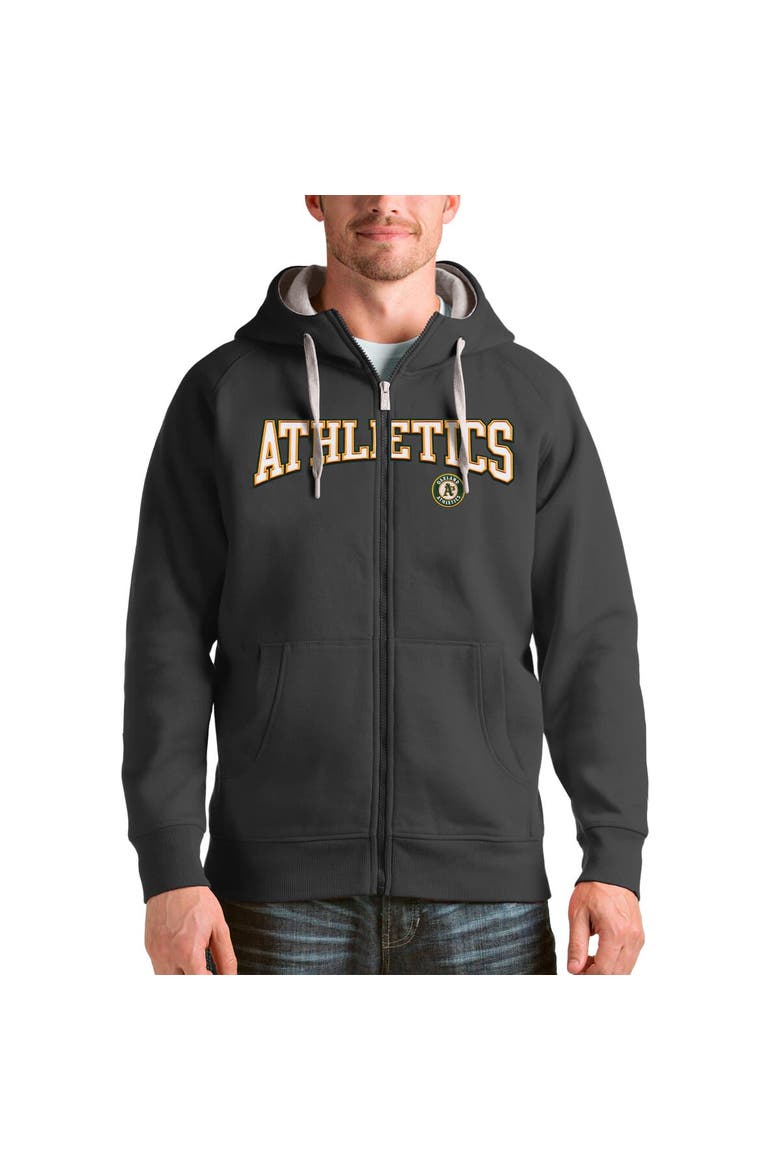 Men's Antigua Charcoal Oakland Athletics Team Logo Victory Full-Zip Hoodie, Main, color, Charcoal