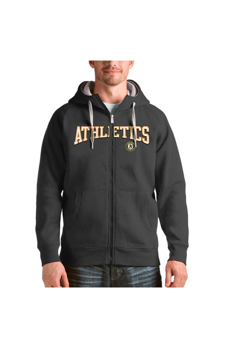 ANTIGUA Men's Antigua Charcoal Oakland Athletics Team Logo Victory Full-Zip Hoodie, Main, color,