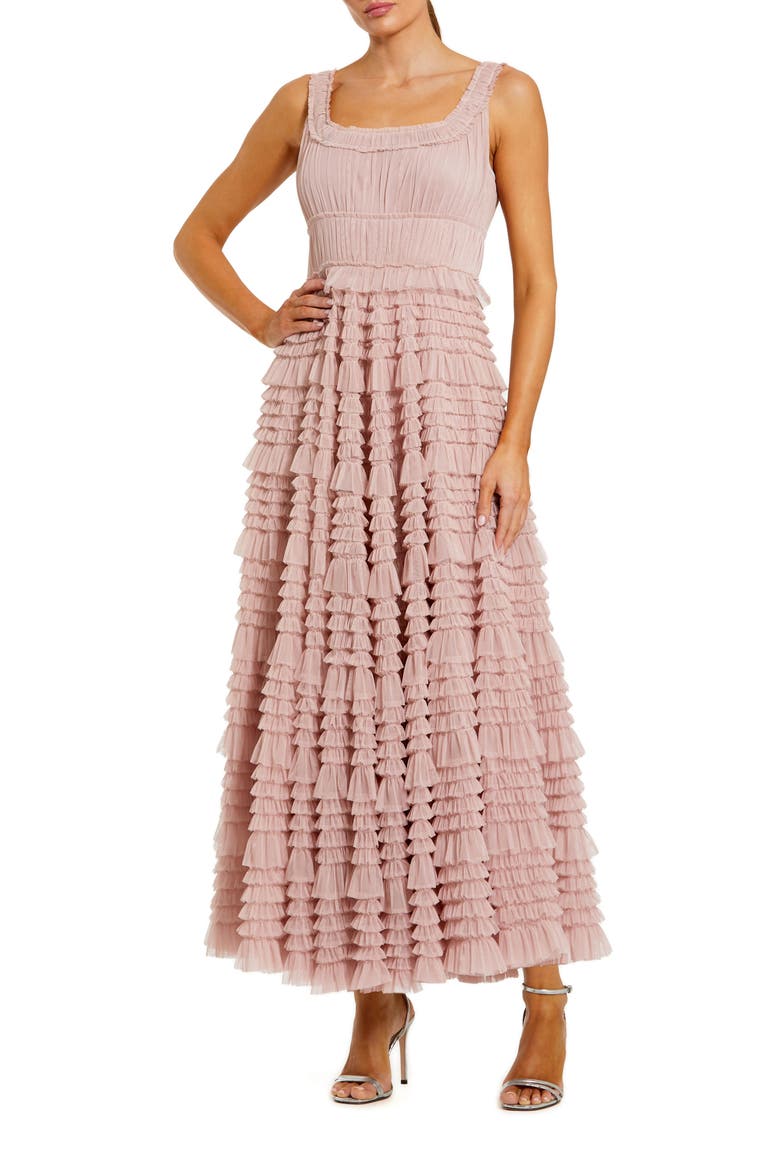 Micro Ruffle Sleeveless Scoop Neck Tiered Maxi Dress, Main, color, Rose