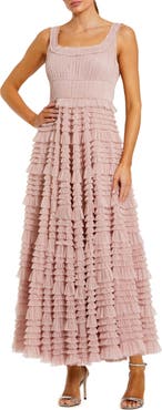 Mac Duggal Micro Ruffle Sleeveless Scoop Neck Tiered Maxi Dress