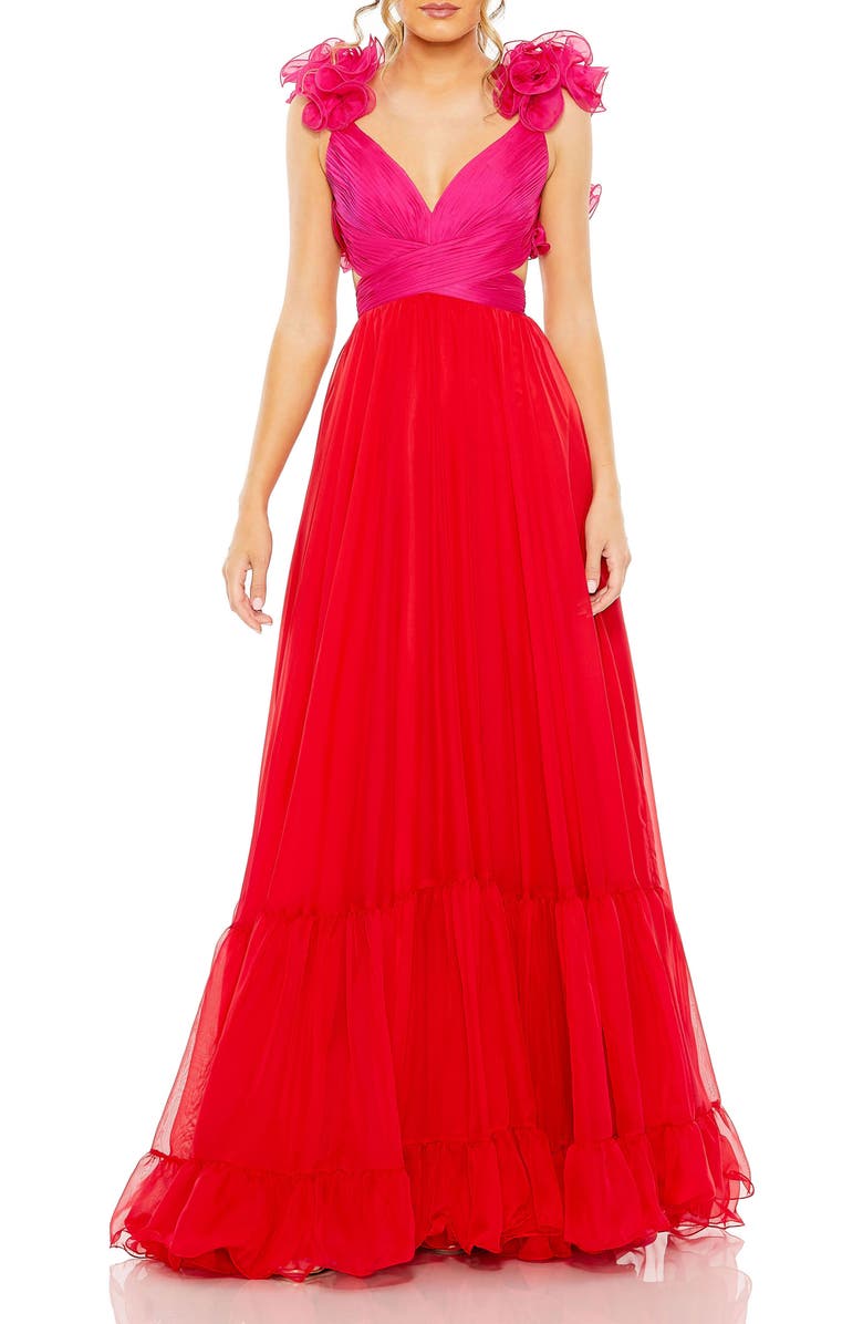 Mac Duggal Ruffle Tiered Color Block Cut Out Lace Up Chiffon Gown, Main, color, Red Pink