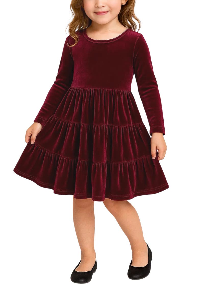 Kids' Long Sleeve Velvet Tiered Dress, Alternate, color, BURGUNDY