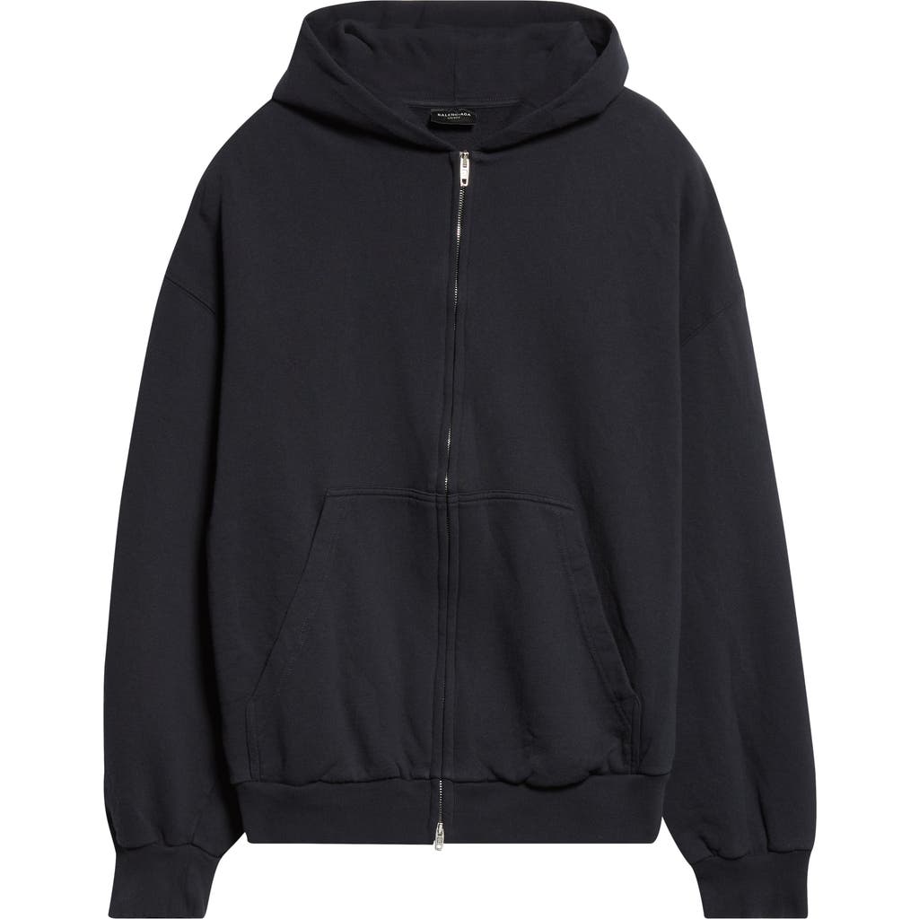Balenciaga Flipped Uni Logo Embroidered Cotton Fleece Zip-up Hoodie In Black