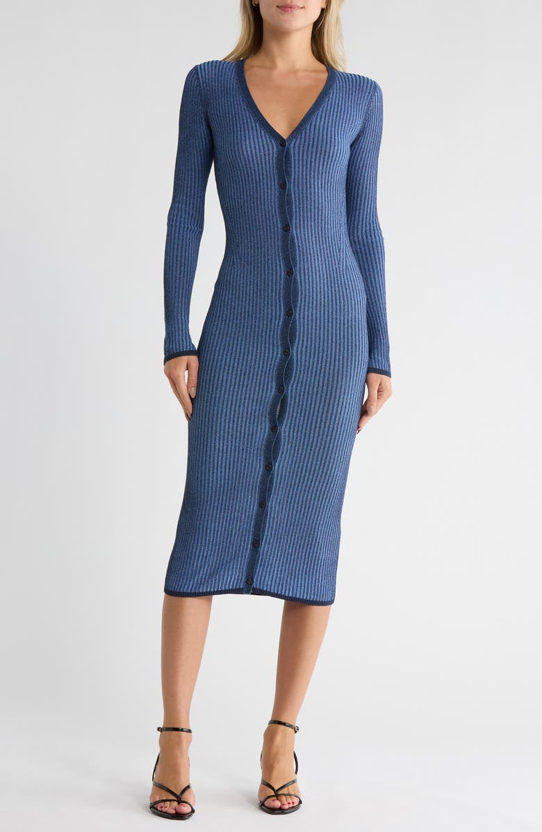 rag & bone Alexis Long Sleeve Ribbed Button-Up Sweater Dress, Main, color, Blue Multi