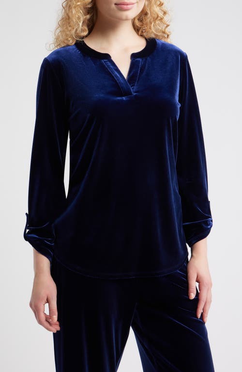 Ak Anne Klein Velvet Split Neck Top In Blue