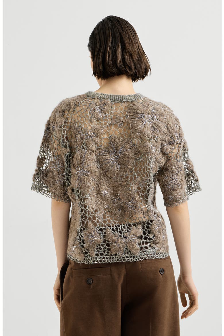 Whispering bloom embroidery knit t-shirt in sparkling mohair and wool, Alternate, color, Pine Cone Brown
