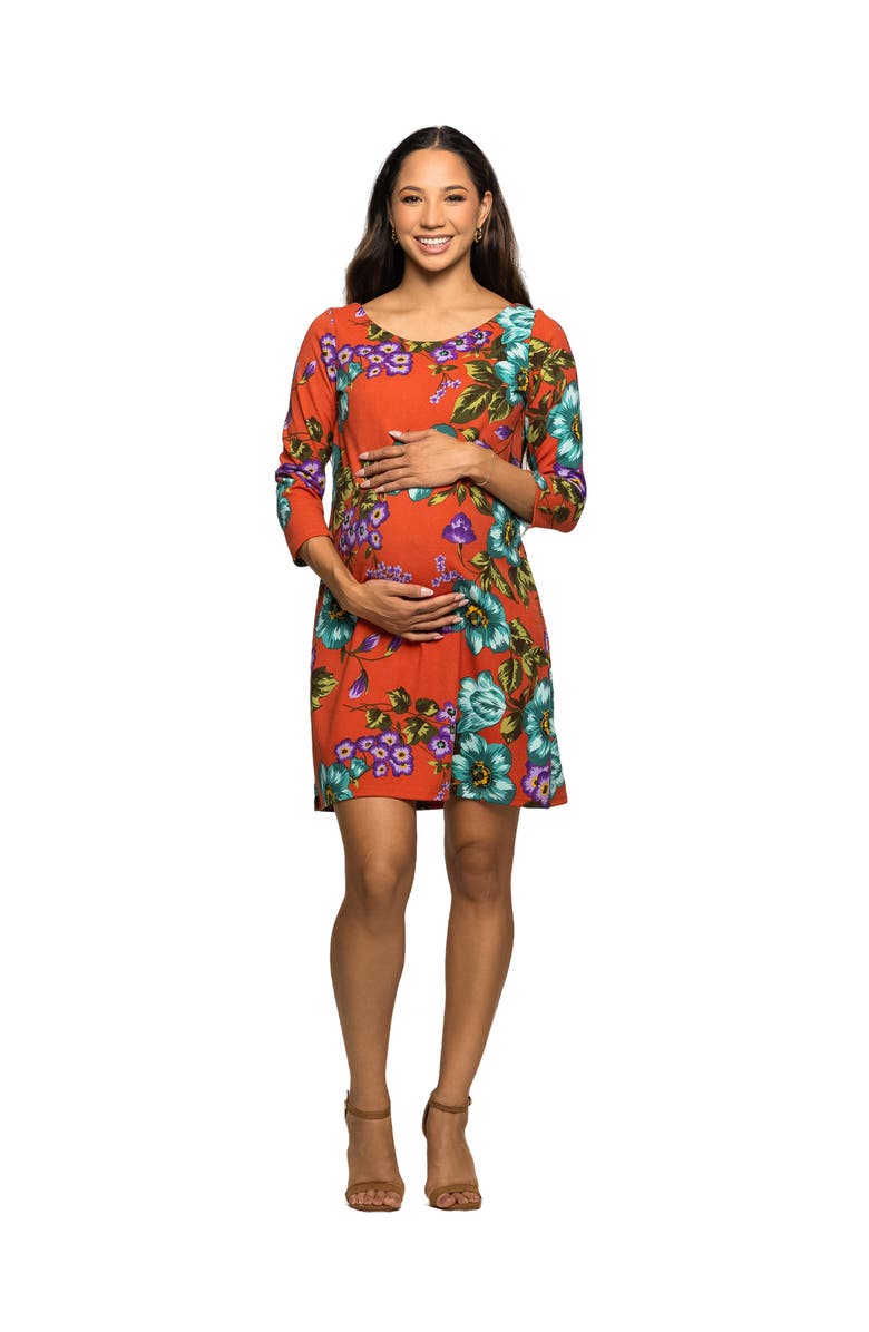 24seven Comfort Apparel Floral Print Three Quarter Sleeve A-Line Knee Length Dress, Main, color, Orange Multi