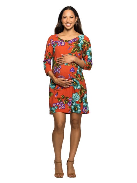 Floral Print Three Quarter Sleeve A-Line Knee Length Dress