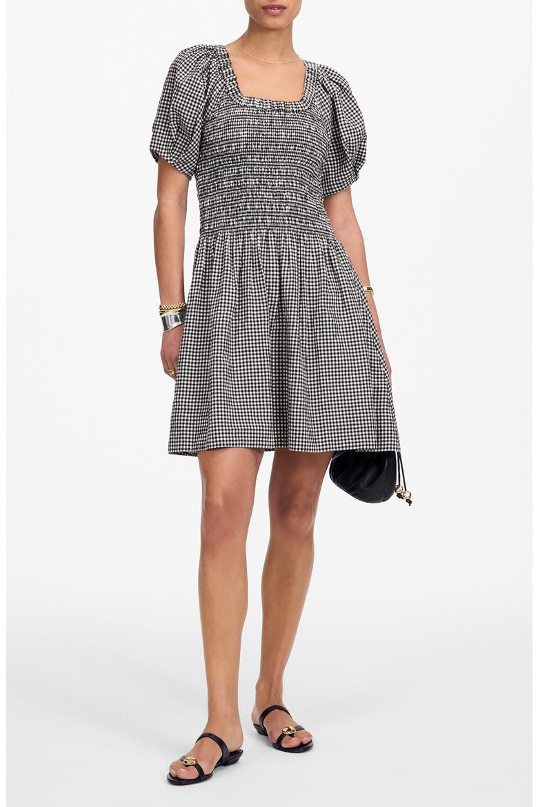 Gingham Smocked Linen Blend Mini Sundress, Main, color, BLACK WHITE GINGHAM