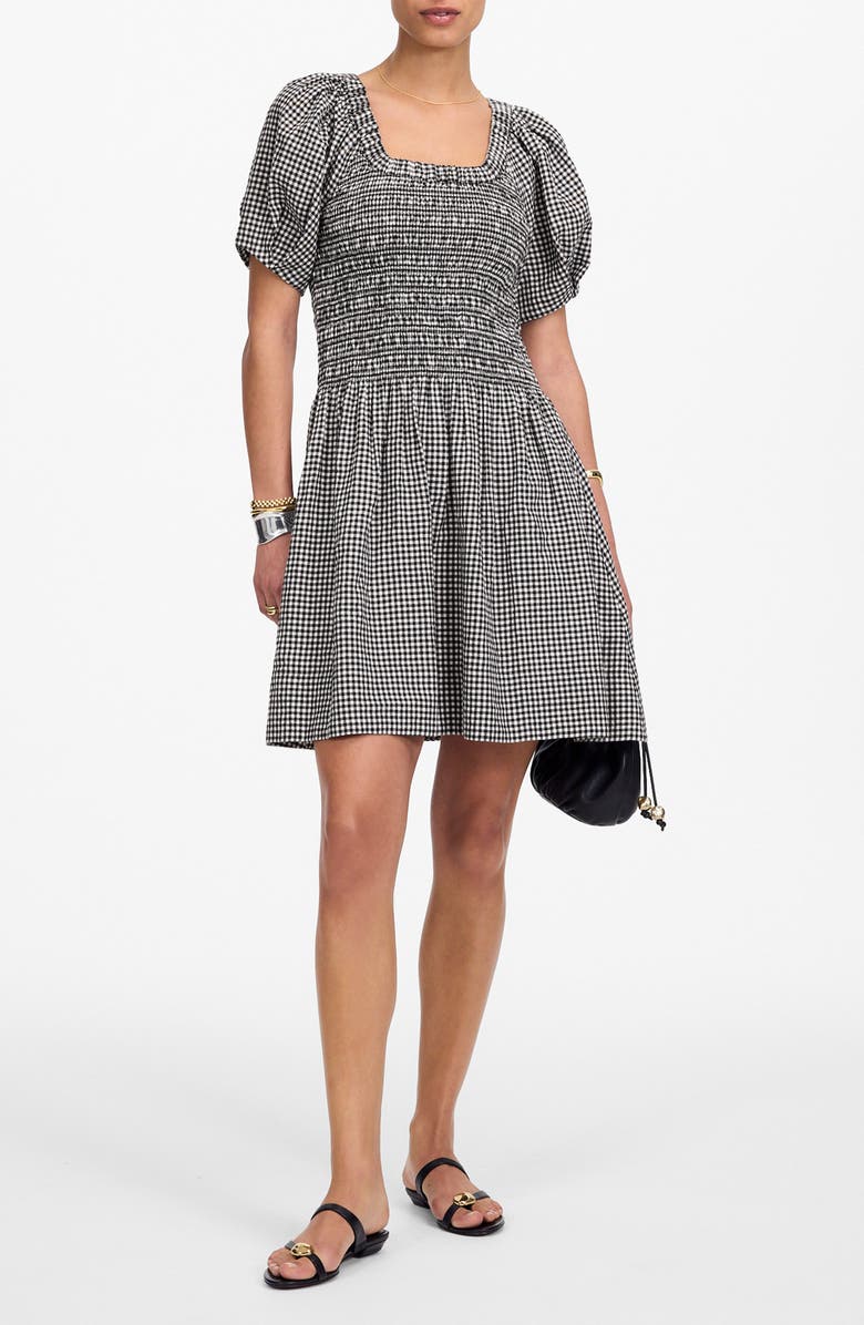 Madewell Gingham Smocked Linen Blend Mini Sundress, Main, color, Black White Gingham