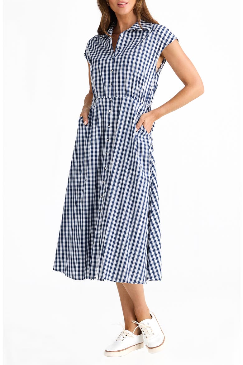 Musings Gingham Midi Shirtdress, Main, color, NAVY GINGHAM
