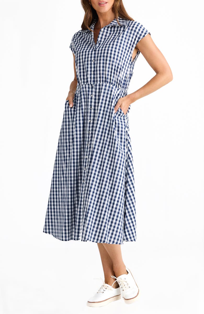 Brave+True Musings Gingham Midi Shirtdress, Main, color, Navy Gingham