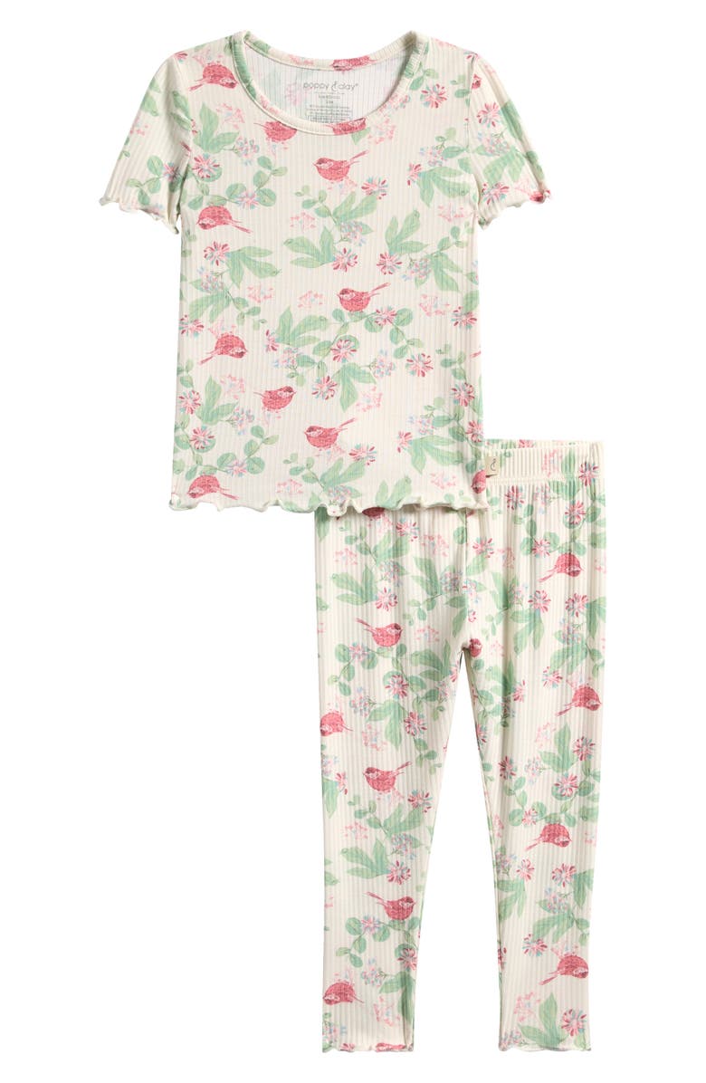 Poppy & Clay Print Long Pajamas, Main, color, Ivory Ground Bird Print