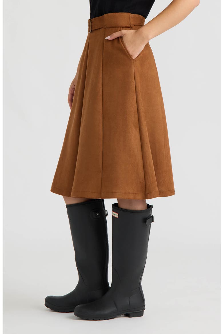Belted Faux Suede A-Line Midi Skirt, Alternate, color, COPPER