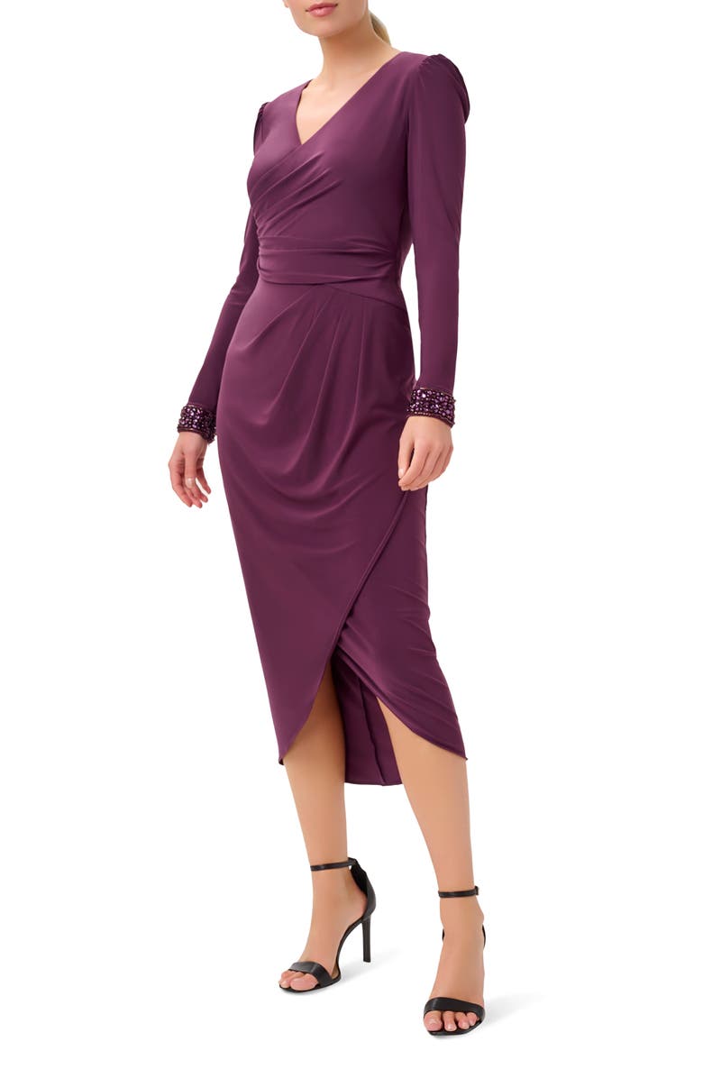 Adrianna Papell Draped Long Sleeve Jersey Sheath Dress, Main, color, 